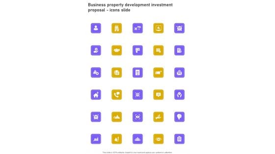 Business Property Development Investment Proposal Icons Slide One Pager Sample Example Document Business Property Development Investment Proposal Icons Slide One Pager Sample Example Document