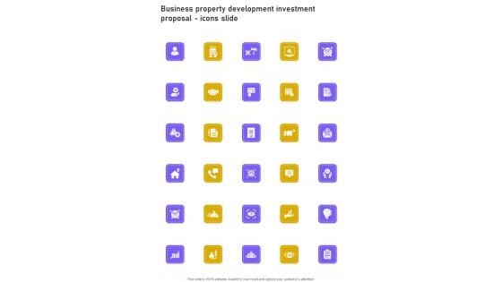 Business Property Development Investment Proposal Icons Slide One Pager Sample Example Document