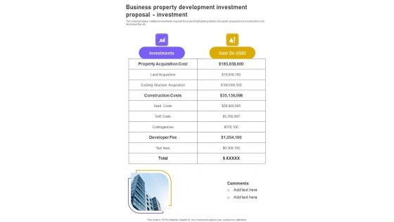 Business Property Development Investment Proposal Investment One Pager Sample Example Document