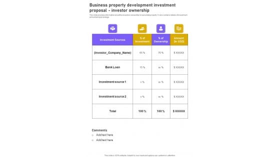 Business Property Development Investment Proposal Investor Ownership One Pager Sample Example Document