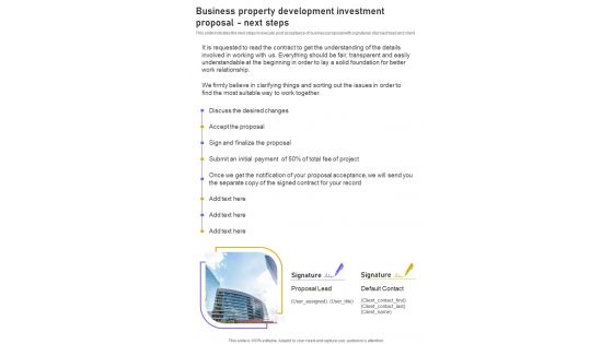 Business Property Development Investment Proposal Next Steps One Pager Sample Example Document