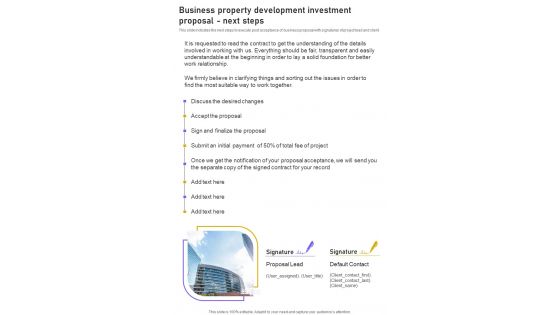 Business Property Development Investment Proposal Next Steps One Pager Sample Example Document Business Property Development Investment Proposal Next Steps One Pager Sample Example Document