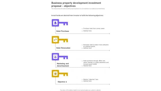 Business Property Development Investment Proposal Objectives One Pager Sample Example Document Business Property Development Investment Proposal Objectives One Pager Sample Example Document