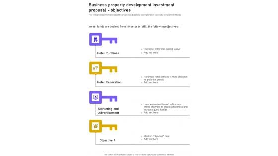 Business Property Development Investment Proposal Objectives One Pager Sample Example Document