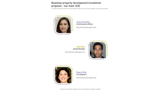Business Property Development Investment Proposal Our Team One Pager Sample Example Document
