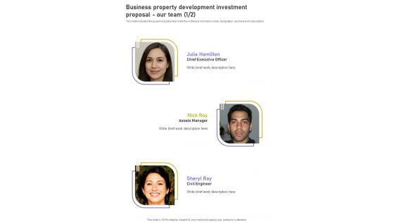 Business Property Development Investment Proposal Our Team One Pager Sample Example Document Business Property Development Investment Proposal Our Team One Pager Sample Example Document