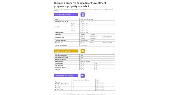 Business Property Development Investment Proposal Property Snapshot One Pager Sample Example Document