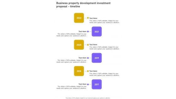 Business Property Development Investment Proposal Timeline One Pager Sample Example Document Business Property Development Investment Proposal Timeline One Pager Sample Example Document