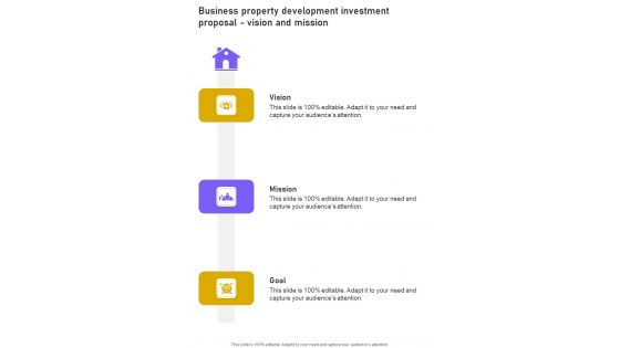 Business Property Development Investment Proposal Vision And Mission One Pager Sample Example Document Business Property Development Investment Proposal Vision And Mission One Pager Sample Example Document