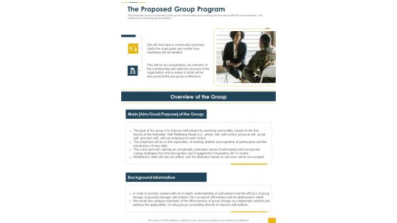 Business Proposal For Counseling Services The Proposed Group Program One Pager Sample Example Document