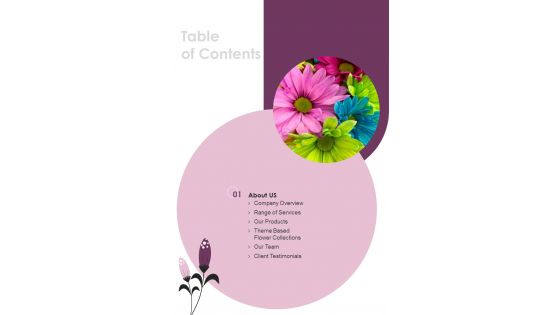 Business Proposal For Event Florist Enterprise Table Of Contents One Pager Sample Example Document Business Proposal For Event Florist Enterprise Table Of Contents One Pager Sample Example Document