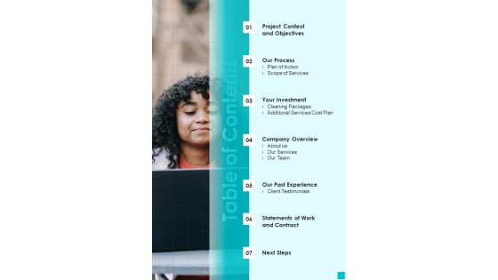 Business Proposal For House Cleaning Services Table Of Contents One Pager Sample Example Document Business Proposal For House Cleaning Services Table Of Contents One Pager Sample Example Document
