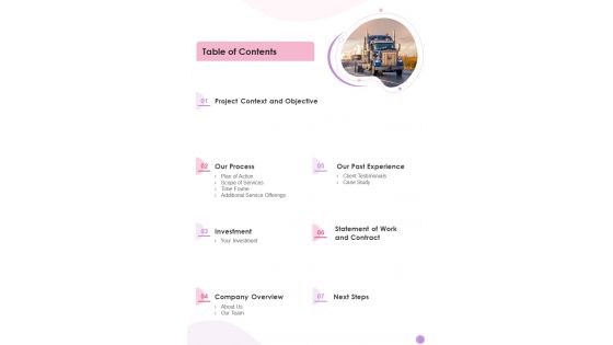 Business Proposal For Transportation And Logistics Company Table Of Contents One Pager Sample Example Document Business Proposal For Transportation And Logistics Company Table Of Contents One Pager Sample Example Document