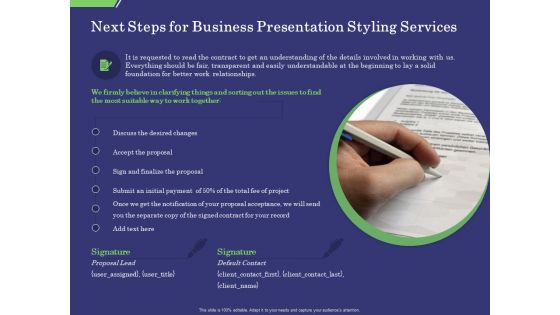 Business Proposal Next Steps For Business Presentation Styling Services Ppt Show Styles PDF Business Proposal Next Steps For Business Presentation Styling Services Ppt Show Styles PDF