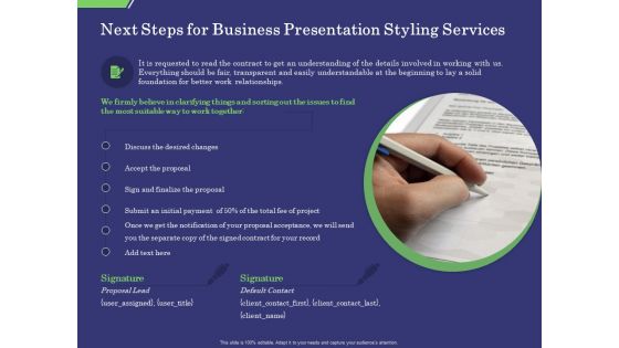 Business Proposal Next Steps For Business Presentation Styling Services Ppt Show Styles PDF