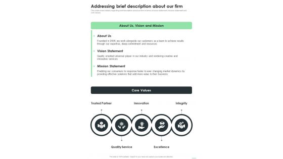 Business Purchase Addressing Brief Description About Our Firm One Pager Sample Example Document Business Purchase Addressing Brief Description About Our Firm One Pager Sample Example Document