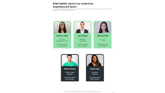 Business Purchase Brief Details About Our Extensive Experienced One Pager Sample Example Document Business Purchase Brief Details About Our Extensive Experienced One Pager Sample Example Document