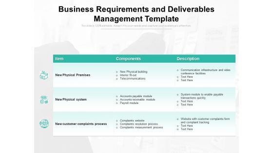 Business Requirements And Deliverables Management Template Ppt PowerPoint Presentation Gallery Diagrams PDF