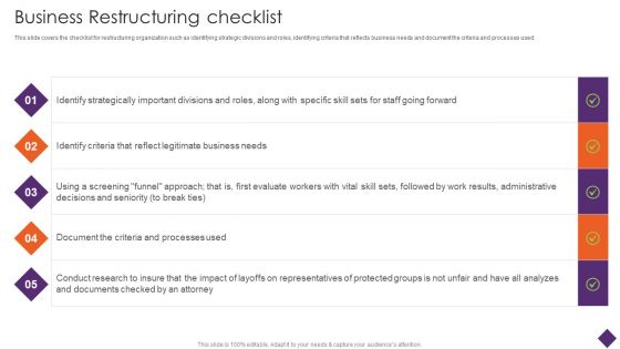 Business Restructuring Business Restructuring Checklist Ppt Layouts Deck PDF