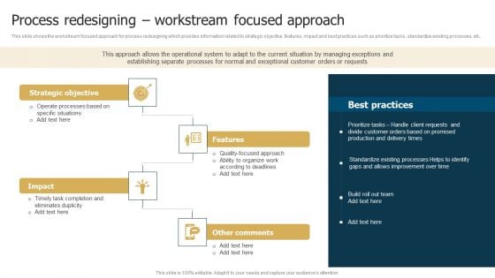 Business Restructuring Process Process Redesigning Workstream Focused Approach Portrait PDF