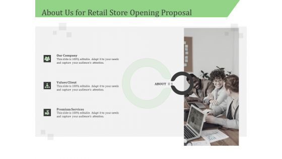 Business Retail Shop Selling About Us For Retail Store Opening Proposal Infographics PDF