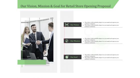 Business Retail Shop Selling Our Vision Mission And Goal For Retail Store Opening Proposal Ideas PDF