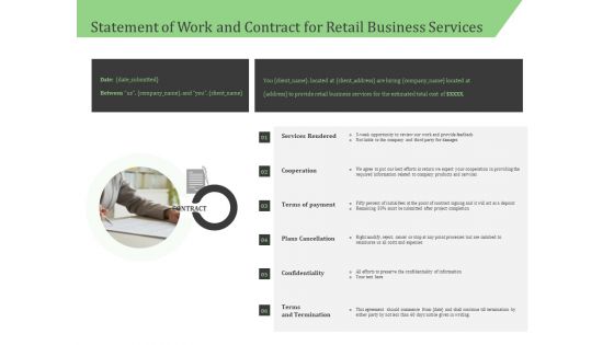 Business Retail Shop Selling Statement Of Work And Contract For Retail Business Services Background PDF