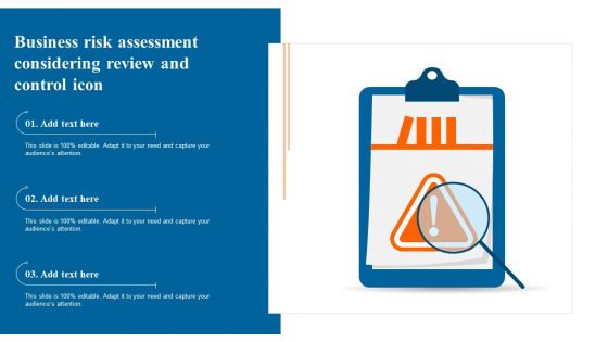 Business Risk Assessment Considering Review And Control Icon Summary PDF