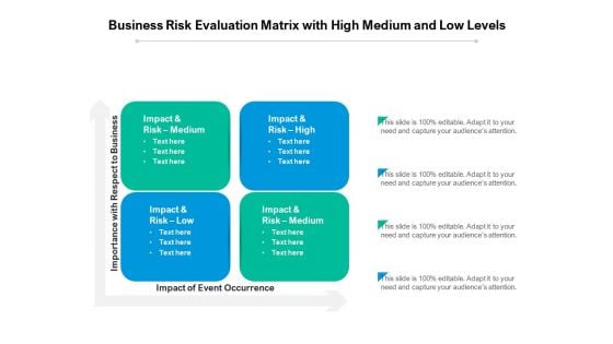 Business Risk Evaluation Matrix With High Medium And Low Levels Ppt PowerPoint Presentation Professional Graphics Example PDF