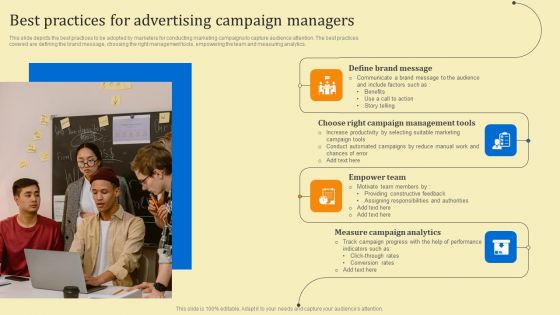 Business Sales Optimization Advertisement Campaign Best Practices For Advertising Campaign Managers Icons PDF