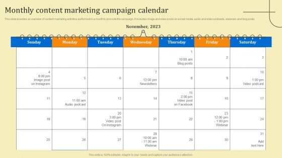 Business Sales Optimization Advertisement Campaign Monthly Content Marketing Campaign Calendar Diagrams PDF