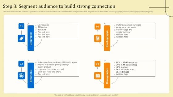 Business Sales Optimization Advertisement Campaign Step 3 Segment Audience To Build Strong Connection Formats PDF Business Sales Optimization Advertisement Campaign Step 3 Segment Audience To Build Strong Connection Formats PDF