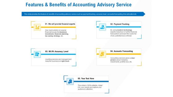 Business Service Provider Features And Benefits Of Accounting Advisory Service Infographics PDF