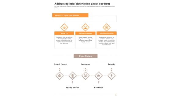 Business Space Rental Addressing Brief Description About Our Firm One Pager Sample Example Document Business Space Rental Addressing Brief Description About Our Firm One Pager Sample Example Document