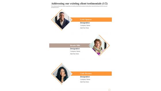 Business Space Rental Addressing Our Existing Client Testimonials One Pager Sample Example Document Business Space Rental Addressing Our Existing Client Testimonials One Pager Sample Example Document
