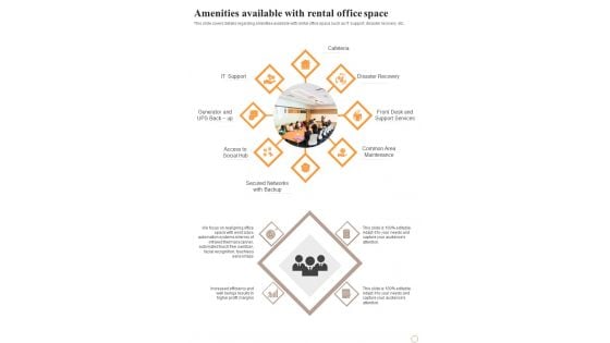 Business Space Rental Amenities Available With Rental Office Space One Pager Sample Example Document Business Space Rental Amenities Available With Rental Office Space One Pager Sample Example Document