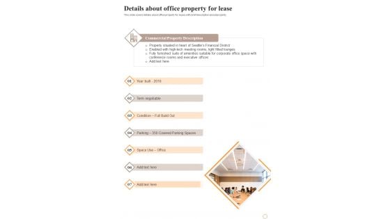 Business Space Rental Details About Office Property For Lease One Pager Sample Example Document