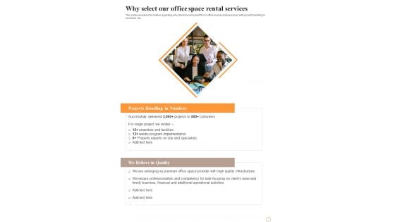Business Space Rental Why Select Our Office Space Rental Services One Pager Sample Example Document Business Space Rental Why Select Our Office Space Rental Services One Pager Sample Example Document