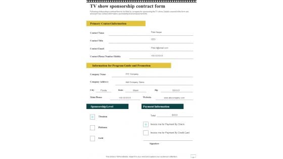 Business Sponsorship Proposal For Reality Television Show TV Show Sponsorship One Pager Sample Example Document Business Sponsorship Proposal For Reality Television Show TV Show Sponsorship One Pager Sample Example Document