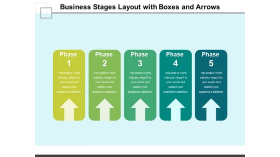 Business Stages Layout With Boxes And Arrows Ppt PowerPoint Presentation Portfolio Background Images PDF