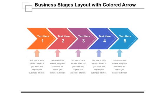 Business Stages Layout With Colored Arrow Ppt PowerPoint Presentation Outline Visual Aids PDF