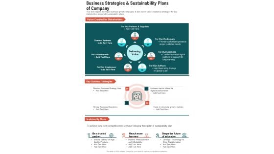 Business Strategies And Sustainability Plans Of Company One Pager Documents