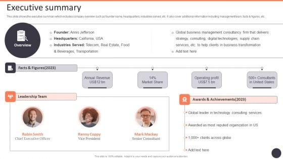 Business Strategy Consulting Solutions Company Outline Executive Summary Elements PDF