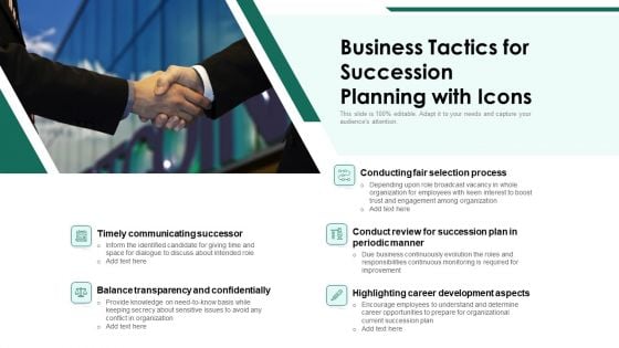 Business Tactics For Succession Planning With Icons Ppt PowerPoint Presentation Gallery Design Templates PDF