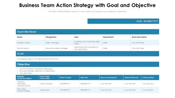 Business Team Action Strategy With Goal And Objective Ppt PowerPoint Presentation Inspiration Diagrams PDF