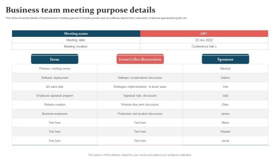 Business Team Meeting Purpose Details Introduction PDF