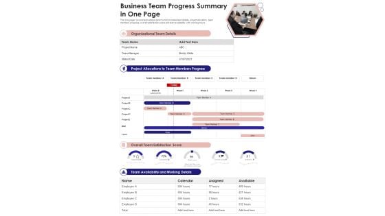 Business Team Progress Summary In One Page PDF Document PPT Template