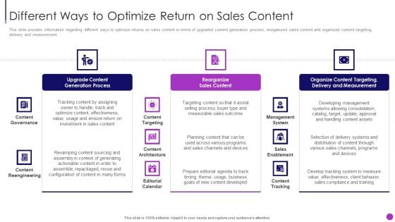 Business To Business Sales Management Playbook Different Ways To Optimize Return On Sales Content Themes PDF