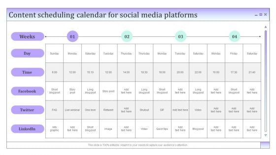 Business To Business Social Content Scheduling Calendar For Social Media Platforms Slides PDF