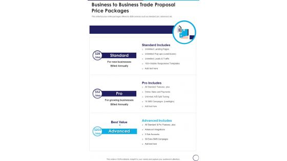 Business To Business Trade Proposal Price Packages One Pager Sample Example Document